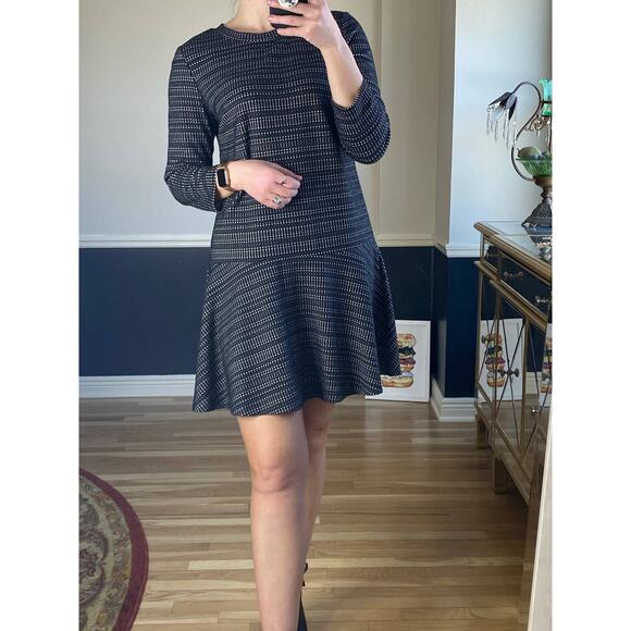 Loft black and white striped long sleeve flounce dress - Picture 2 of 8